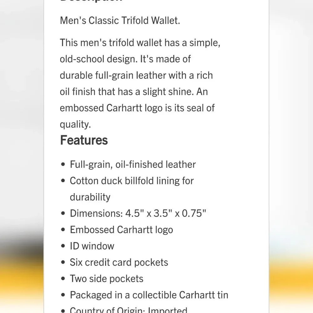 Carhartt Oil Tan Leather TriFold Wallet- Brown